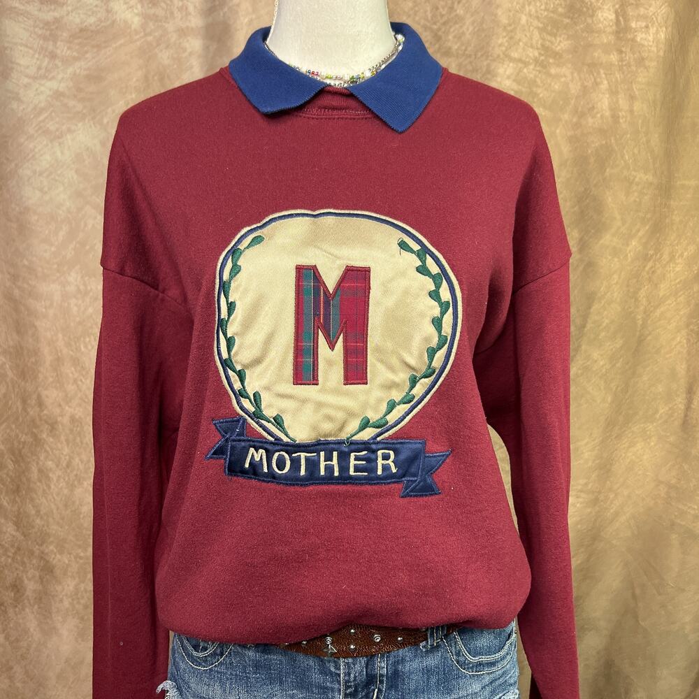 Embroidered Mother Sweater Collared Sweatshirt Vintage 90s Maroon Funny Academia